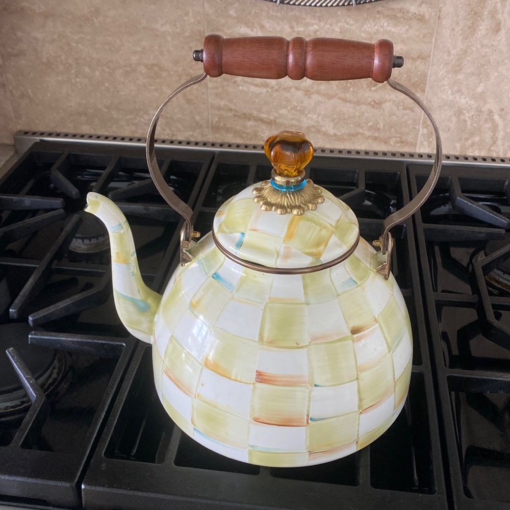 MacKenzie-Childs 3 qt Checkered Teapot with Wooden Handle in Parchment